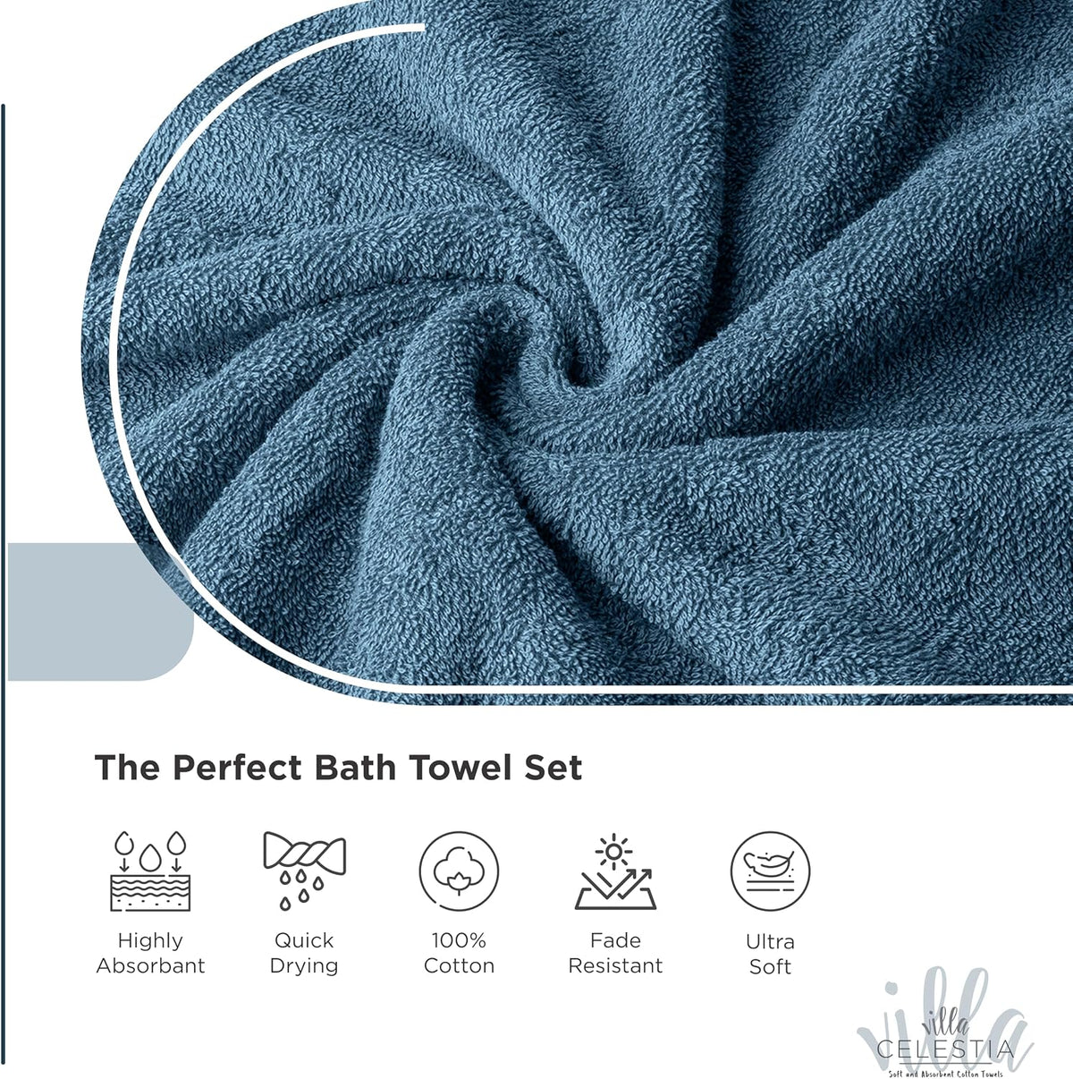 Villa Celestia 100% Cotton Bath Towel Set of 18-4 Bath Towels, 6 Hand Towels, 8 Wash Cloths, Sustainable, Soft, Highly Absorbent, Combed Cotton 18 Piece Set for Hotels, Spa, Bathroom, Dorm, Blue