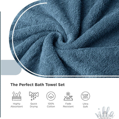 Villa Celestia 100% Cotton Bath Towel Set of 18-4 Bath Towels, 6 Hand Towels, 8 Wash Cloths, Sustainable, Soft, Highly Absorbent, Combed Cotton 18 Piece Set for Hotels, Spa, Bathroom, Dorm, Blue
