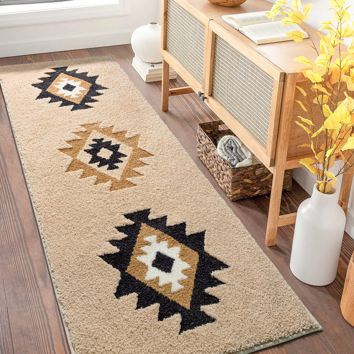 DEXDE Black Bathroom Rugs 20x32 Aztec Boho Long Western Plush Bath Mats
