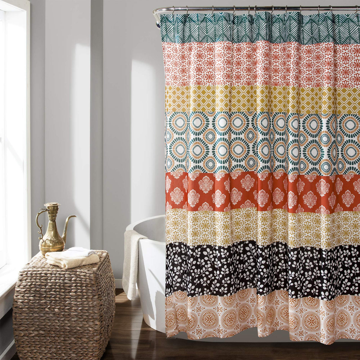Lush Decor Bohemian Stripe Shower Curtain, 72" W x 72" L, Fuchsia & Orange - Bathroom Curtain - Striped Shower Curtain - Boho Decor - Fabric Shower Curtains