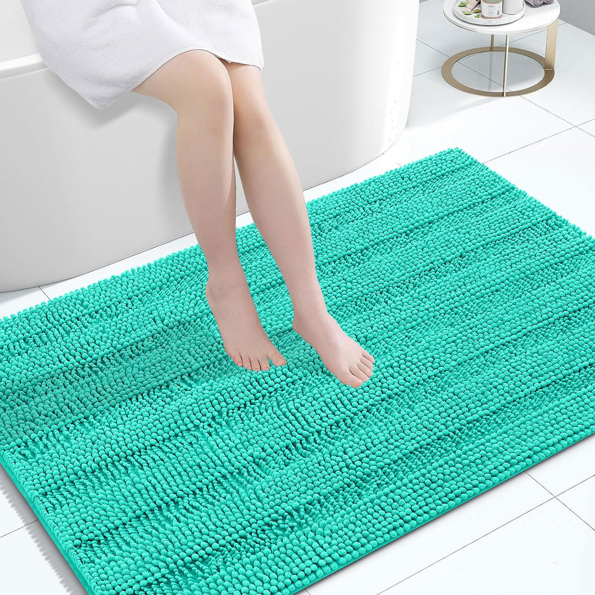 Grandaily Chenille Striped Bathroom Rugs 36x24, Extra Thick and Absorbent Bath Mats, Non-Slip Soft Plush Shaggy Shower Carpet, Machine Wash Dry, Bath Rug for Bathroom, (Large, Light Grey)