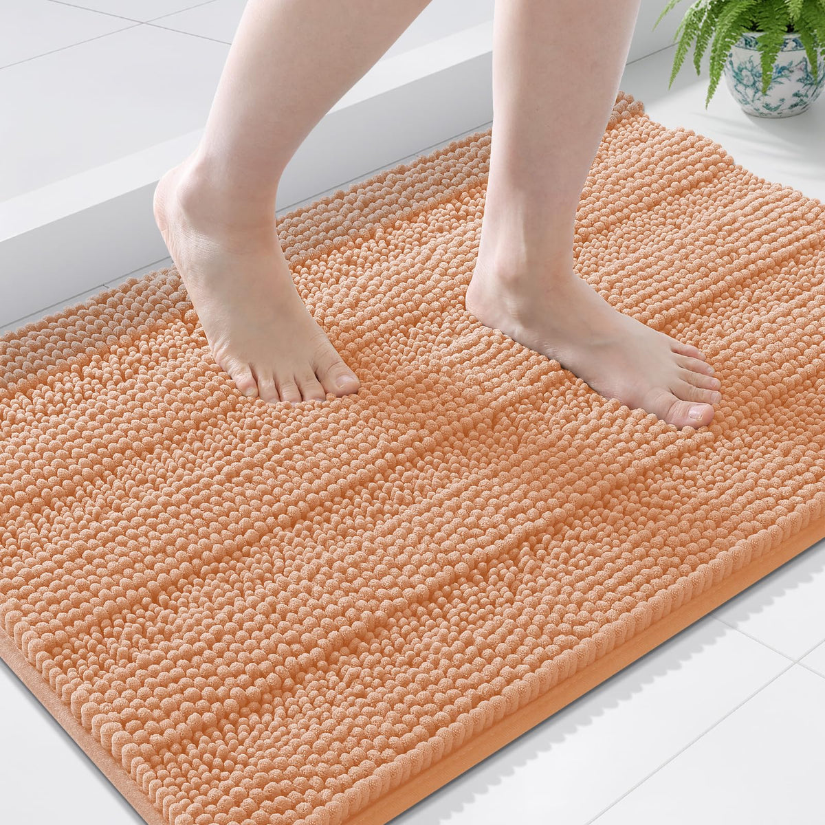 Grandaily Chenille Striped Bathroom Rugs 36x24, Extra Thick and Absorbent Bath Mats, Non-Slip Soft Plush Shaggy Shower Carpet, Machine Wash Dry, Bath Rug for Bathroom, (Large, Light Grey)