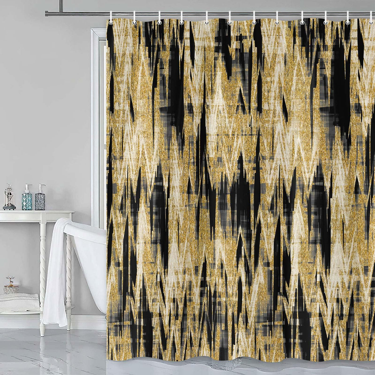 JAWO Abstract Shower Curtain,Modern Aesthetic Abstract Stripe Shower Curtain Set, Yellow Blue Grey Contemporary Abstract Painting Fabric Shower Curtains