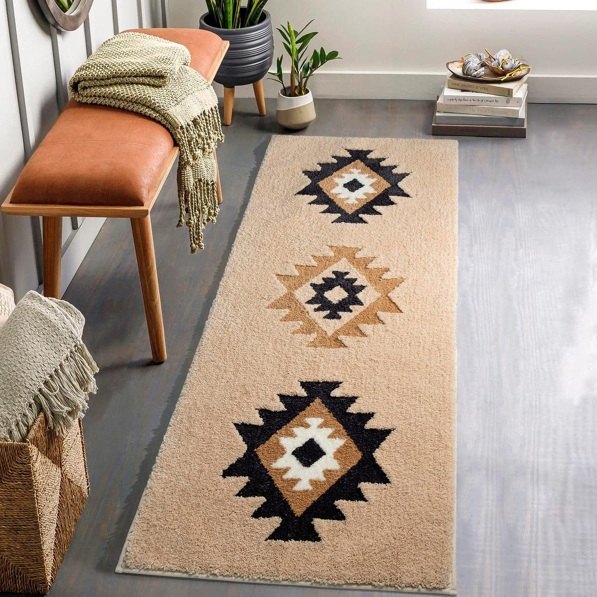 DEXDE Black Bathroom Rugs 20x32 Aztec Boho Long Western Plush Bath Mats