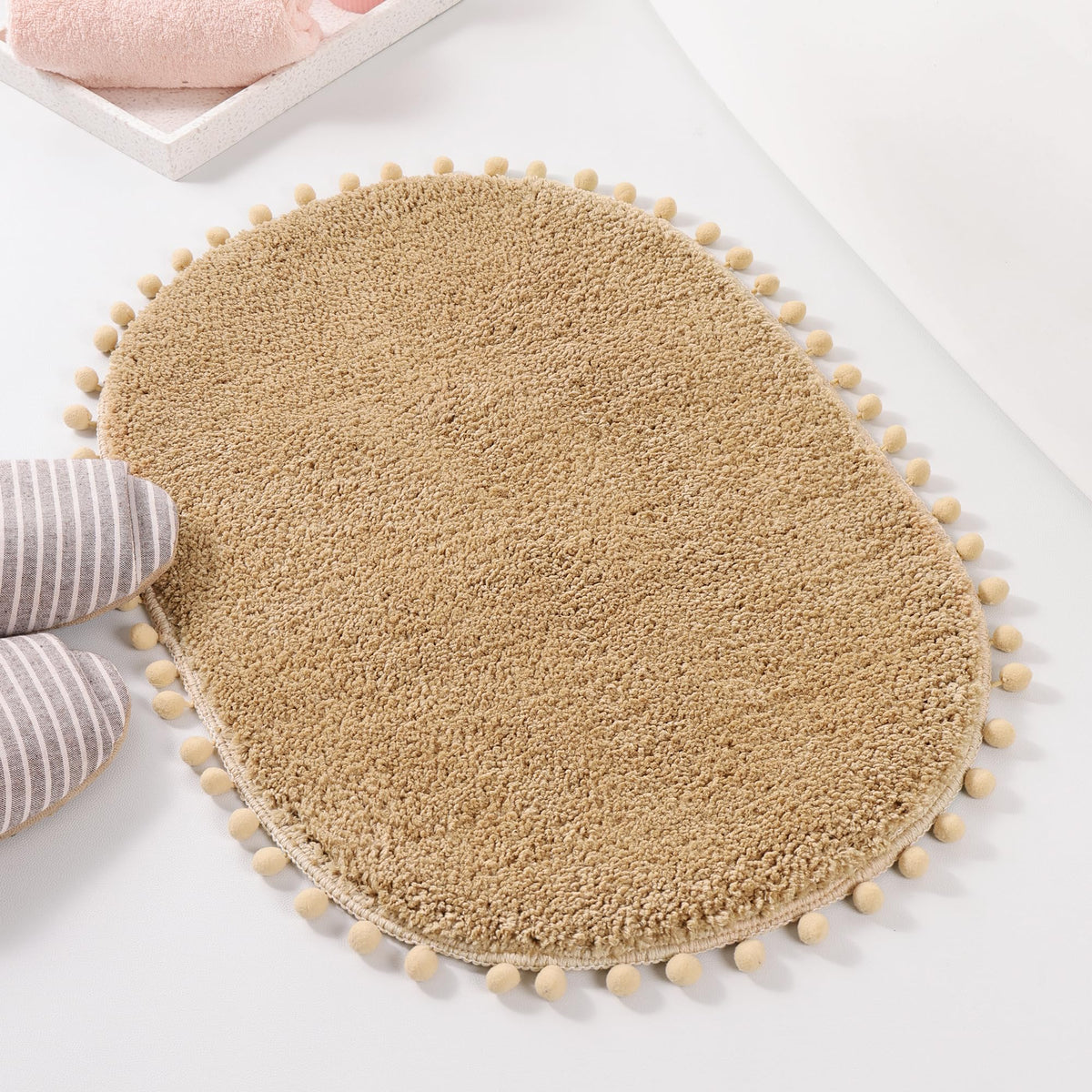 YIRDDEO Oval Rug for Bathroom, Cute Boho Bath Mat with Pom, Olive Green