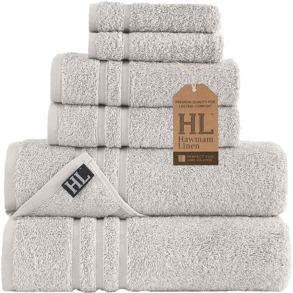 Hawmam Linen Cream 6 Piece Bath Towels Set for Bathroom Original Turkish Cotton Soft, Absorbent and Premium 2 Bath Towels, 2 Hand Towels, 2 Washcloths (Sea Salt)