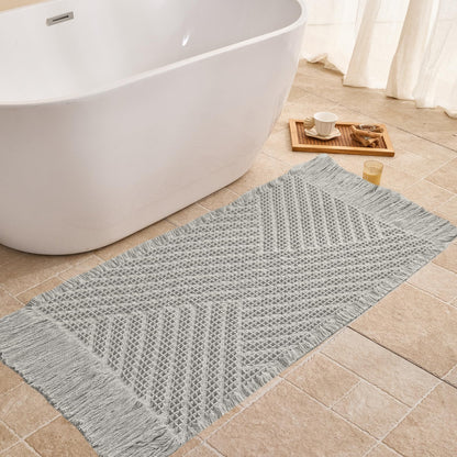 Waffle Bath Mat Non Slip, Boho Bathroom Rug, White/Taupe, 16"x24"