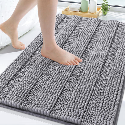 Grandaily Chenille Striped Bathroom Rugs 36x24, Extra Thick and Absorbent Bath Mats, Non-Slip Soft Plush Shaggy Shower Carpet, Machine Wash Dry, Bath Rug for Bathroom, (Large, Light Grey)