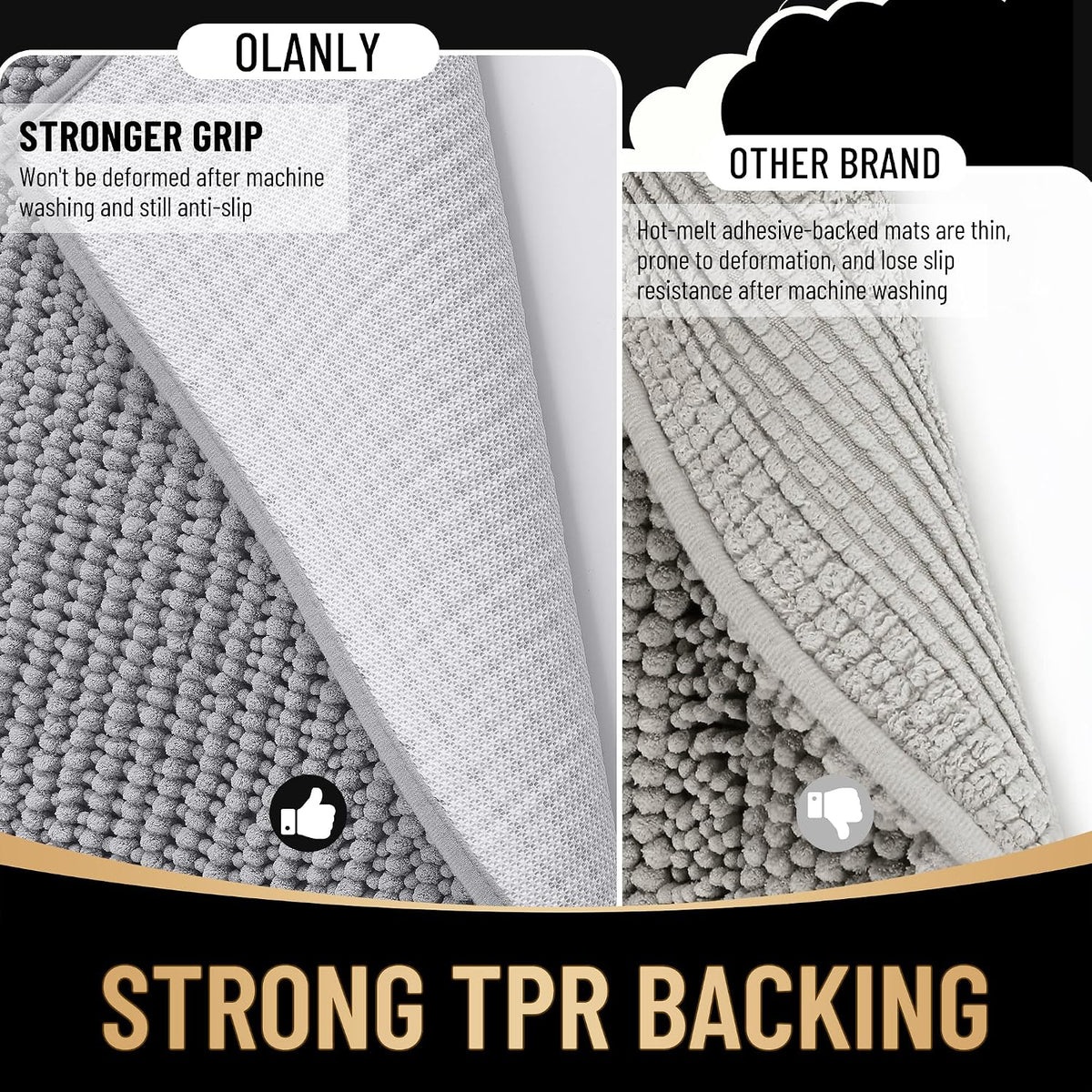 OLANLY Bathroom Rugs Sets 3 Piece, Super Soft Absorbent Chenille Bath Mats and U-Shaped Toilet Rug, Quick Dry, Home Decor, Bath Mat Set for Bathroom (24"x16"+24"x20"+30"x20", Grey)