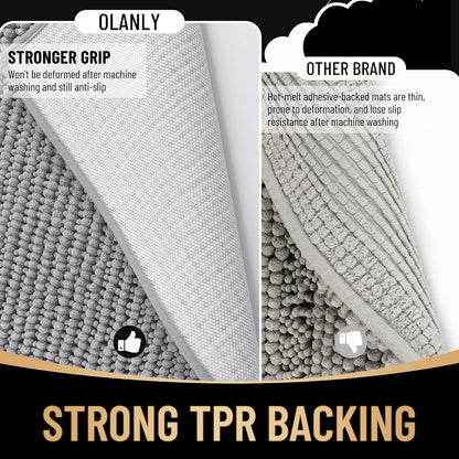 OLANLY Bathroom Rugs Sets 3 Piece, Super Soft Absorbent Chenille Bath Mats and U-Shaped Toilet Rug, Quick Dry, Home Decor, Bath Mat Set for Bathroom (24"x16"+24"x20"+30"x20", Grey)