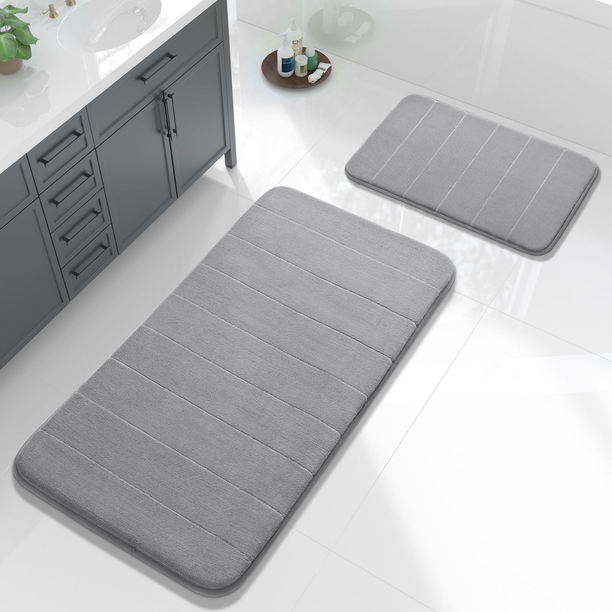 Yimobra Memory Foam Bathroom Rugs Sets 2 Piece - Super Soft Absorbent Quick Dry Bath Mat Set, Machine Washable Non Slip Floor Carpet for Tub Shower & Single Sink (17x24 & 31.5x20 Inch, Black)