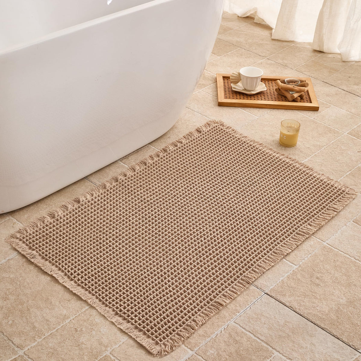 Waffle Bath Mat Non Slip, Boho Bathroom Rug, White/Taupe, 16"x24"