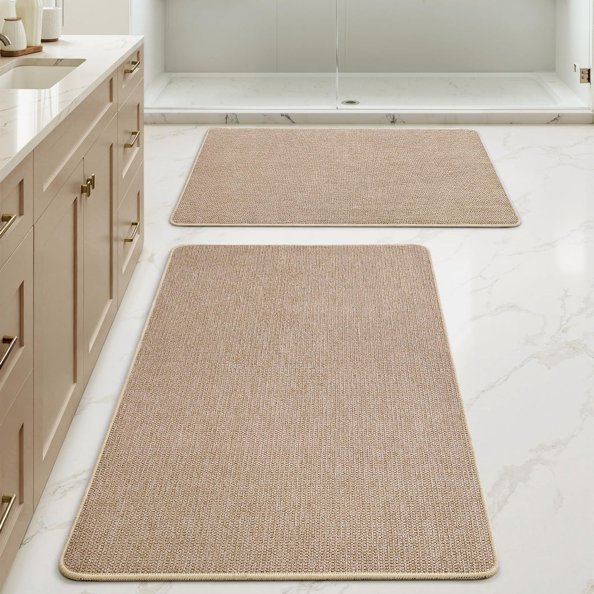 MIULEE Bathroom Rugs Set 2 Pieces, Thin Bath Mats Beige 17"x27"+20"x32"