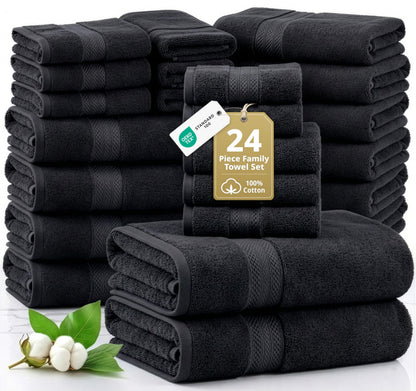 LANE LINEN 100% Cotton Bath Towels Set - 24 PCs - Durable, Quick Dry, Super Soft & Highly Absorbent - 4 Bath, 4 Fingertip, 6 Hand Towels, 8 Washcloths, 2 Bath Sheets - Perfect Family Set - Cool Grey
