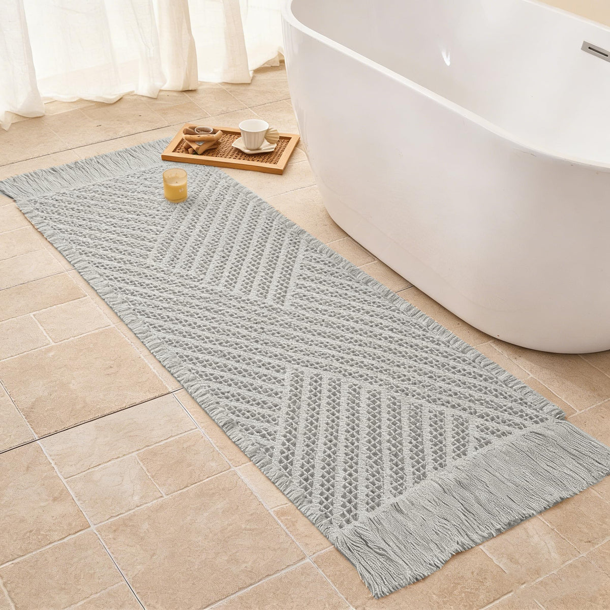 Waffle Bath Mat Non Slip, Boho Bathroom Rug, White/Taupe, 16"x24"