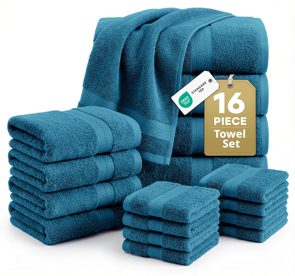 100% Cotton Bath Towels Set Soft Absorbent Quick Dry 16 Piece - Grey