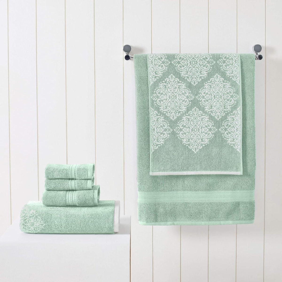 Modern Threads 6-Piece 100% Cotton Damask Medallion Towel Set, Sage
