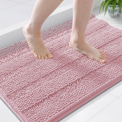 Grandaily Chenille Striped Bathroom Rugs 36x24, Extra Thick and Absorbent Bath Mats, Non-Slip Soft Plush Shaggy Shower Carpet, Machine Wash Dry, Bath Rug for Bathroom, (Large, Light Grey)