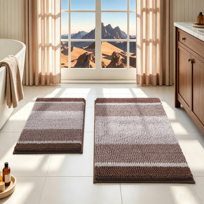 HOMEIDEAS Blue Bathroom Rugs Set, Striped Chenille, 20"x32"+17"x24"