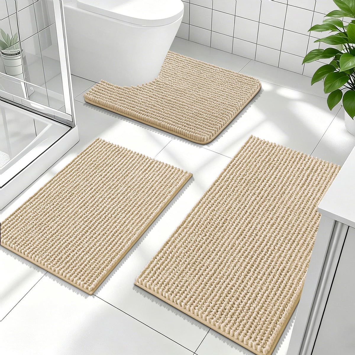 OLANLY Bathroom Rugs Sets 3 Piece, Super Soft Absorbent Chenille Bath Mats and U-Shaped Toilet Rug, Quick Dry, Home Decor, Bath Mat Set for Bathroom (24"x16"+24"x20"+30"x20", Grey)