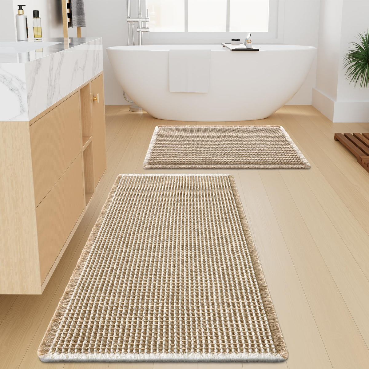Smiry Waffle Bathroom Rugs Sets 2 Piece (30x20+24x16, Brown)
