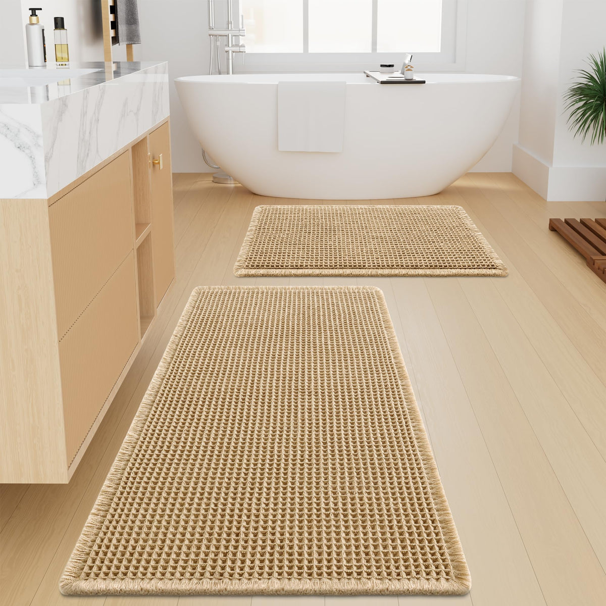 Smiry Waffle Bathroom Rugs Sets 2 Piece (30x20+24x16, Brown)