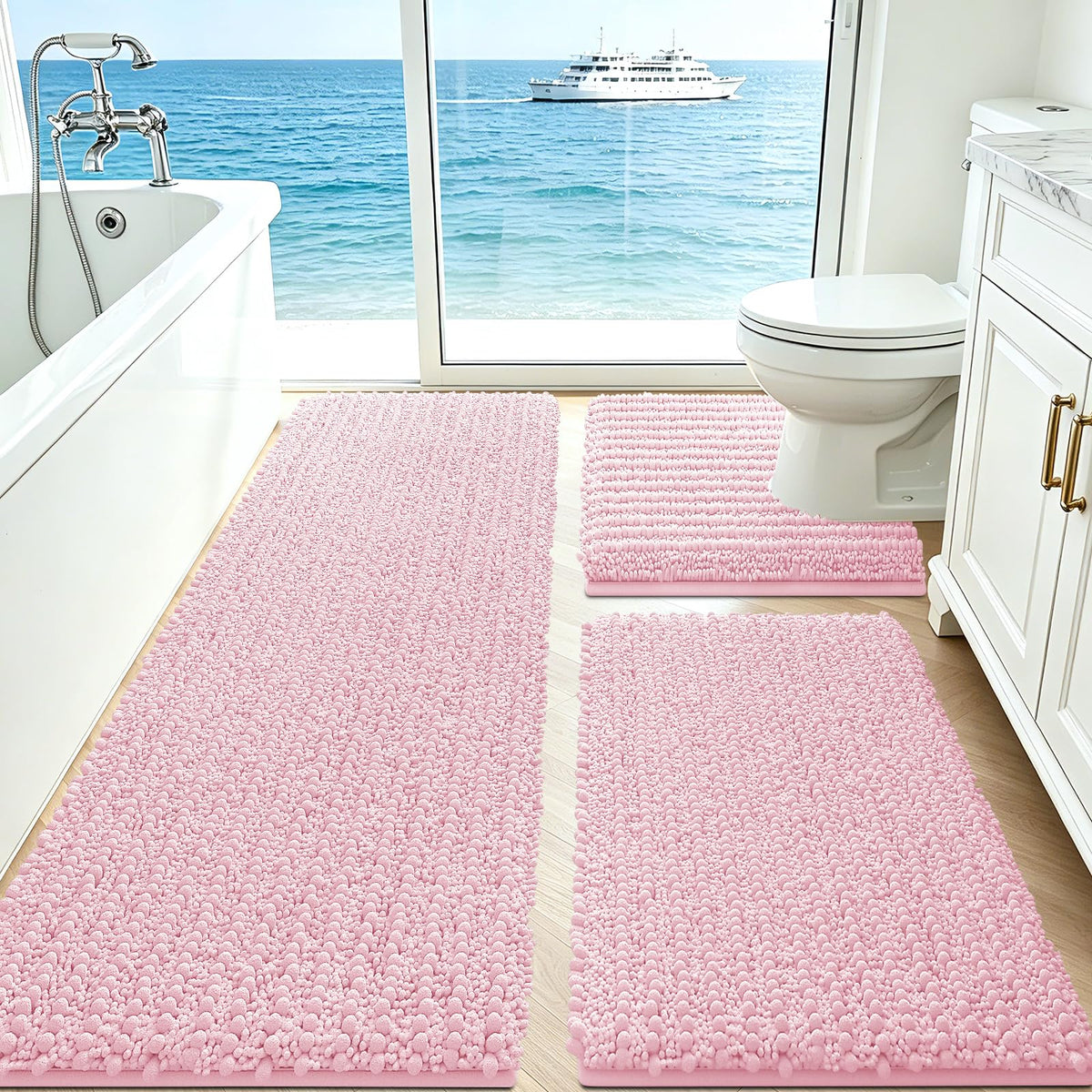 ACCUMTEK Upgrade Extra Large Black Bathroom Rug Set 3 Pieces Ultra Soft, Thick Absorbent Bath Mats, Non Slip Chenille Toilet Mat for Bathroom, Bedroom, Kitchen