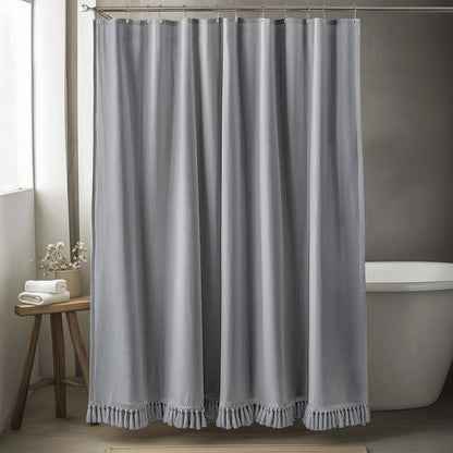 Linen Shower Curtain Boho Beige Shower Curtain with Tassels 72"W x 84"L