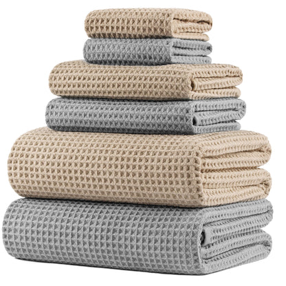 POLYTE 430 GSM Poly Blend Microfiber Quick Dry Waffle Bath Towel Set of 6