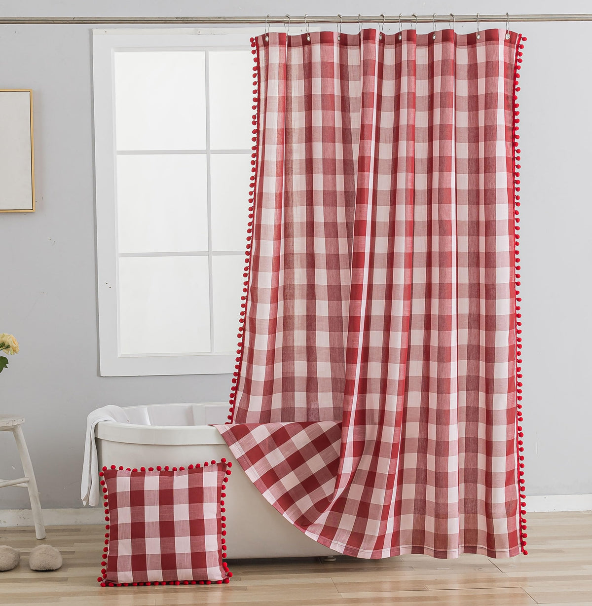 Tan and White Buffalo Plaid Boho Shower Curtain for Bathroom 72” x 72”