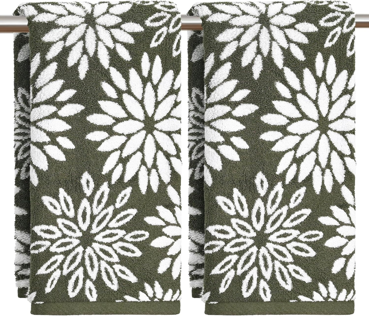 Artoid Mode 2 Pcs Beige Olive Green Dahlia Floral Jacquard Hand Towels for Bathroom, Cotton Soft Absorbent Bathroom Decor Towels, 13.7 x 29.5 Inch