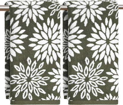 Artoid Mode 2 Pcs Beige Olive Green Dahlia Floral Jacquard Hand Towels for Bathroom, Cotton Soft Absorbent Bathroom Decor Towels, 13.7 x 29.5 Inch