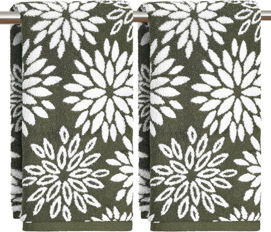 Artoid Mode 2 Pcs Beige Olive Green Dahlia Floral Jacquard Hand Towels for Bathroom, Cotton Soft Absorbent Bathroom Decor Towels, 13.7 x 29.5 Inch