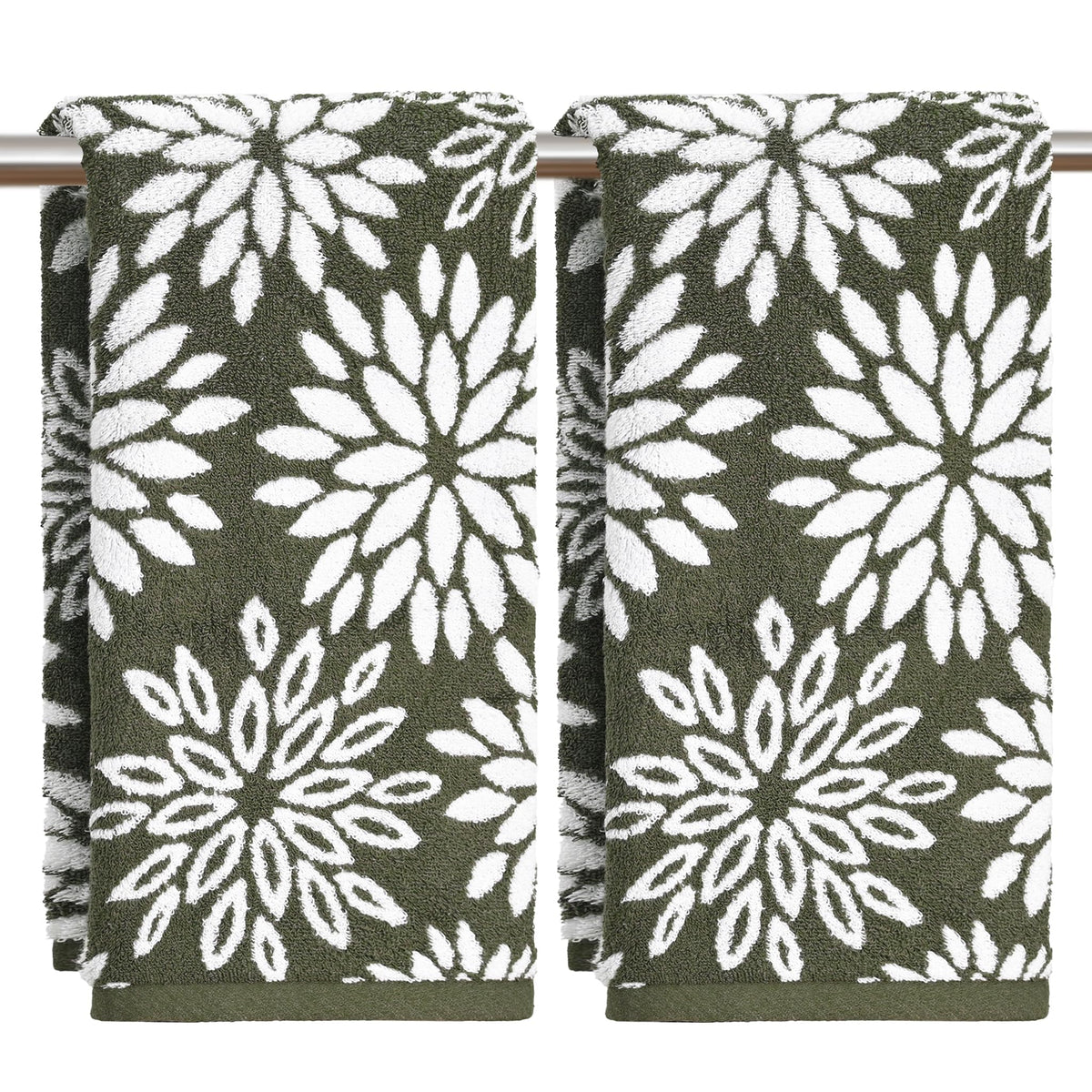 Artoid Mode 2 Pcs Beige Olive Green Dahlia Floral Jacquard Hand Towels for Bathroom, Cotton Soft Absorbent Bathroom Decor Towels, 13.7 x 29.5 Inch
