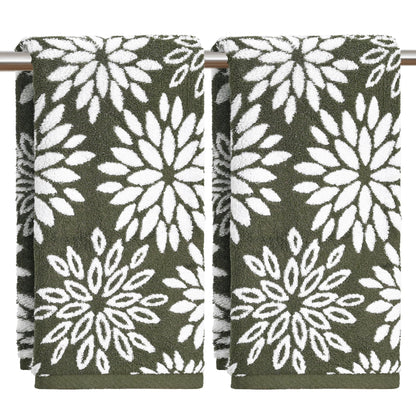 Artoid Mode 2 Pcs Beige Olive Green Dahlia Floral Jacquard Hand Towels for Bathroom, Cotton Soft Absorbent Bathroom Decor Towels, 13.7 x 29.5 Inch