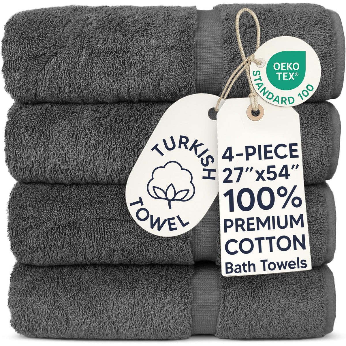 Chakir Turkish Linens 100% Cotton 4-Pack Bath Towels 27x54, Gray
