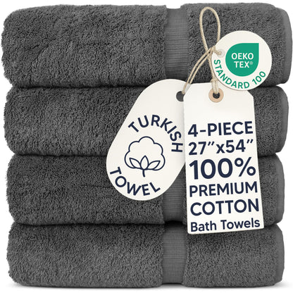 Chakir Turkish Linens 100% Cotton 4-Pack Bath Towels 27x54, Gray
