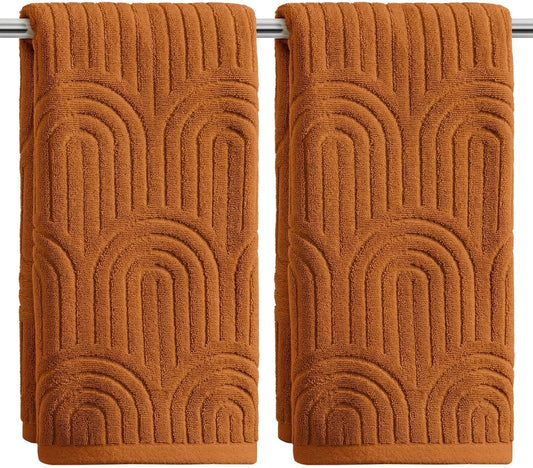 Artoid Mode 2 Pcs Caramel 3D Arched Stripes Jacquard Hand Towels for Bathroom, 100% Cotton Soft Absorbent Bathroom Decor Towels, 13.7 x 29.5 Inch