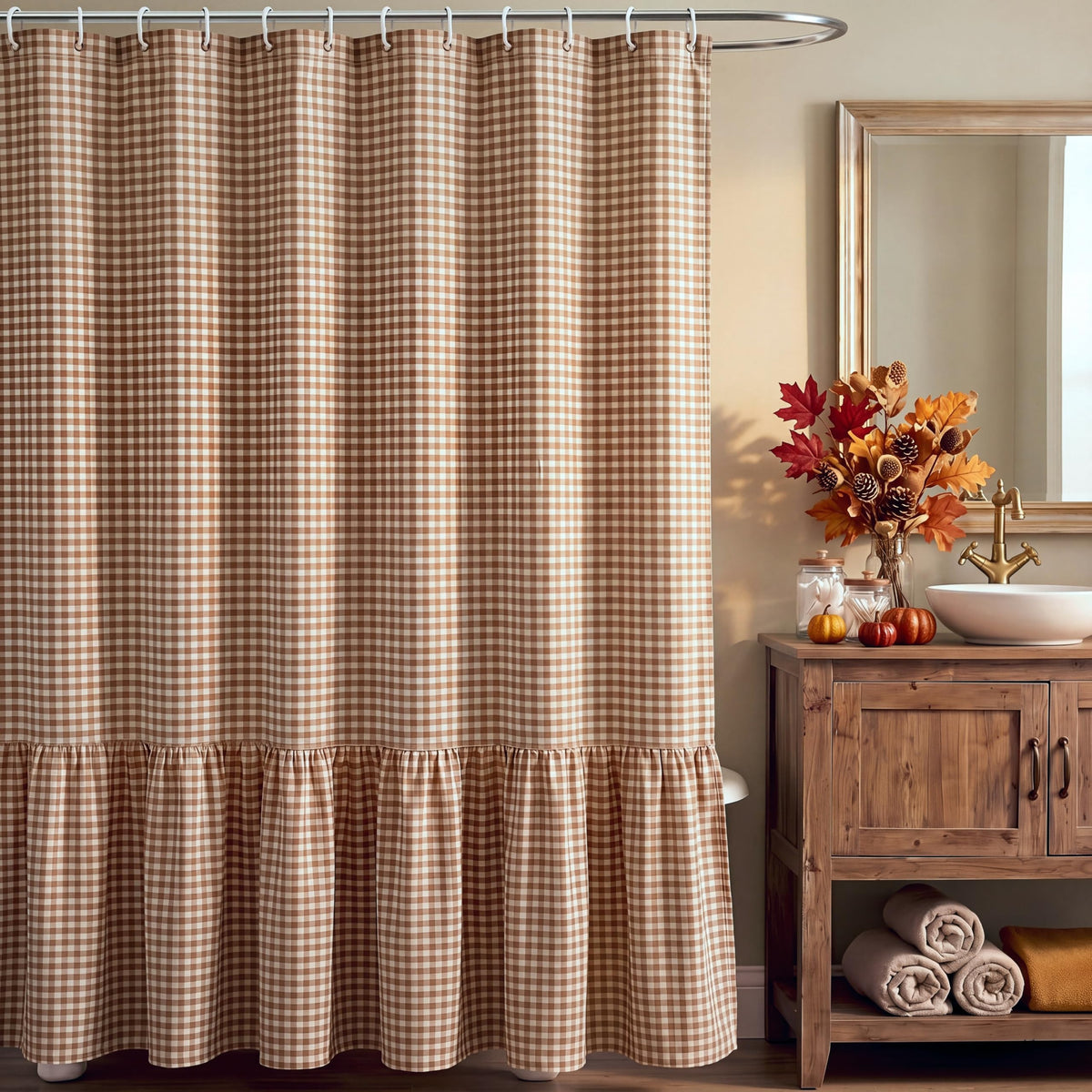 HunnmingRe Ruffle Hem Gingham Shower Curtain Sage Green