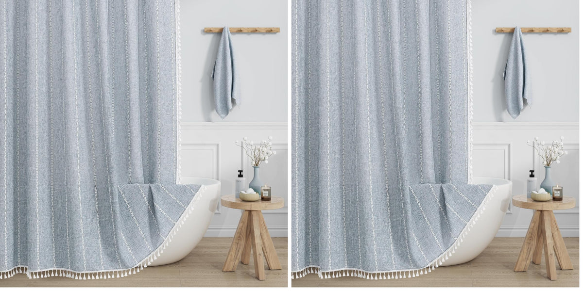 Boho Farmhouse Tassel Linen Shower Curtain,3D Embroidery Stripe Black,72x72