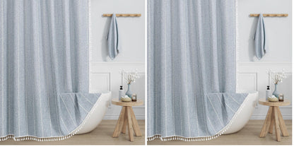 Boho Farmhouse Tassel Linen Shower Curtain,3D Embroidery Stripe Black,72x72