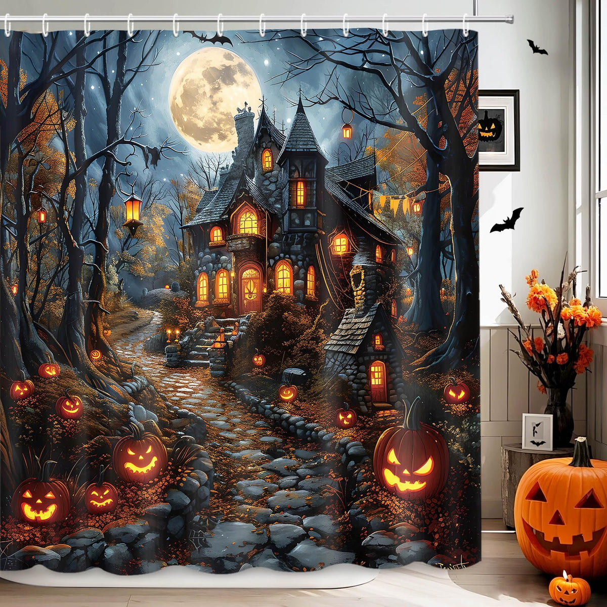 MEHOFOND Halloween Evil Pumpkin Shower Curtain Moon Night Bath Curtain