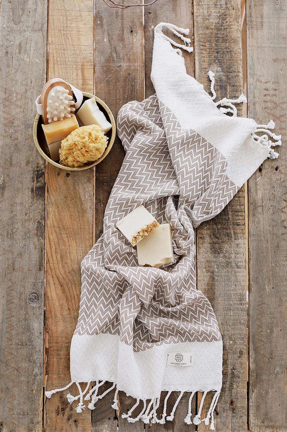 Madamelique Exclusive Hand Towels Set of 2-18 x 40 Inches - Decorative Bathroom Peshtemal Towel for Hand, Face, Hair, Yoga, Tea, Dishcloth, Kitchen and Bath - 100% Pure Cotton (Biscuit)