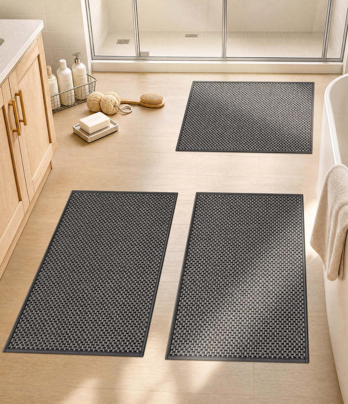 YIHOUSE Black Bathroom Rugs Sets 2 Pieces,Thin Bath Mat Quick Dry