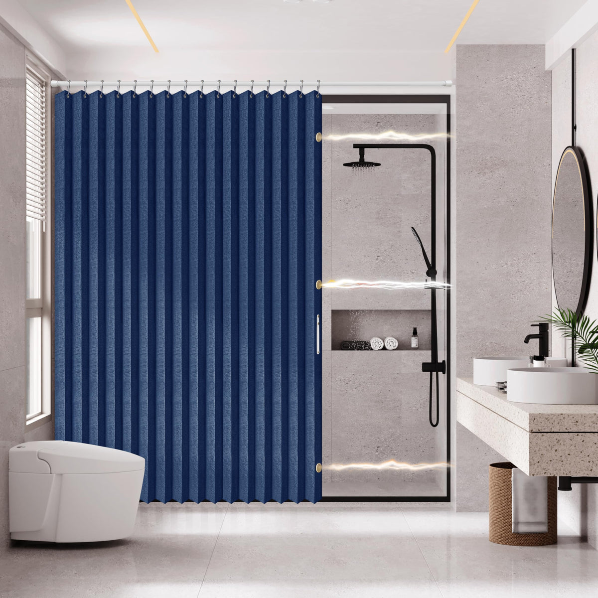 AJAZZ Magnetic Folding Shower Curtains Fabric Polyester Material Waterproof Shower Curtain Suitable for Family Hotel Homestay (Black,77" W x 72" L) 1 Panel
