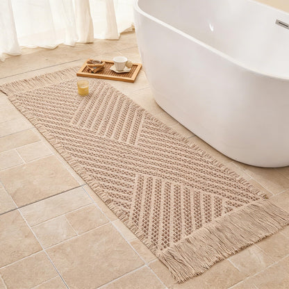 Waffle Bath Mat Non Slip, Boho Bathroom Rug, White/Taupe, 16"x24"