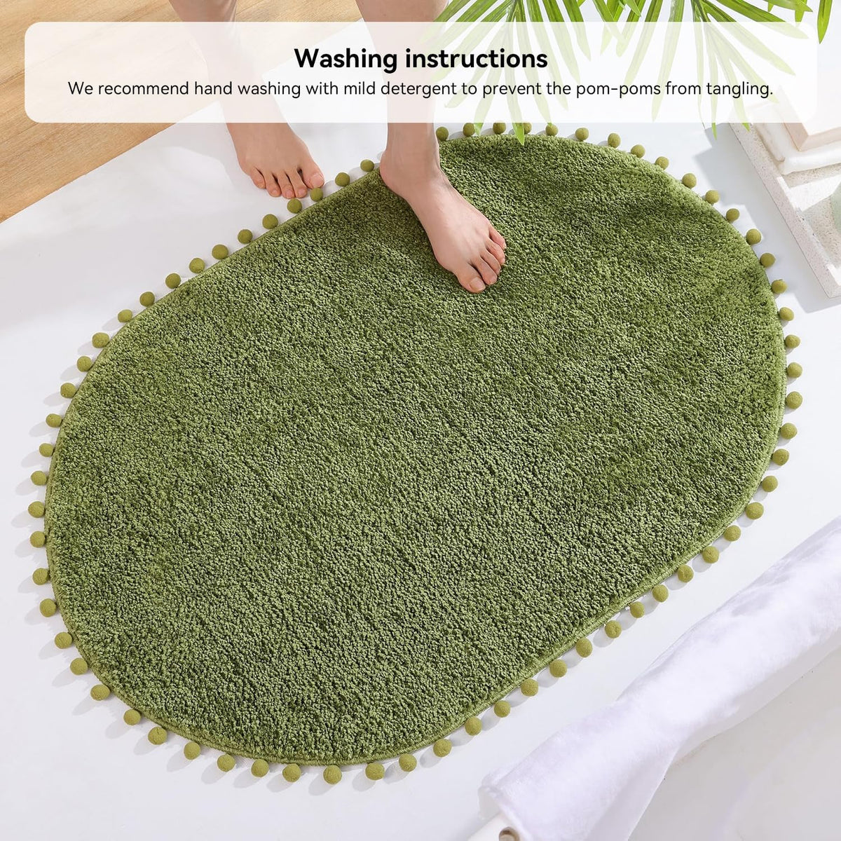 YIRDDEO Oval Rug for Bathroom, Cute Boho Bath Mat with Pom, Olive Green