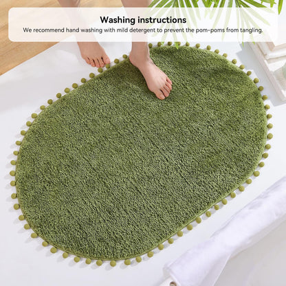 YIRDDEO Oval Rug for Bathroom, Cute Boho Bath Mat with Pom, Olive Green
