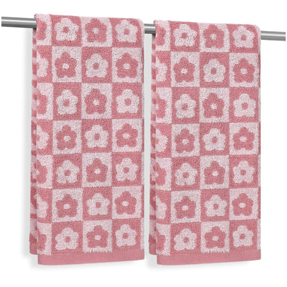 Jacquotha Pink Checkered Floral Hand Towels