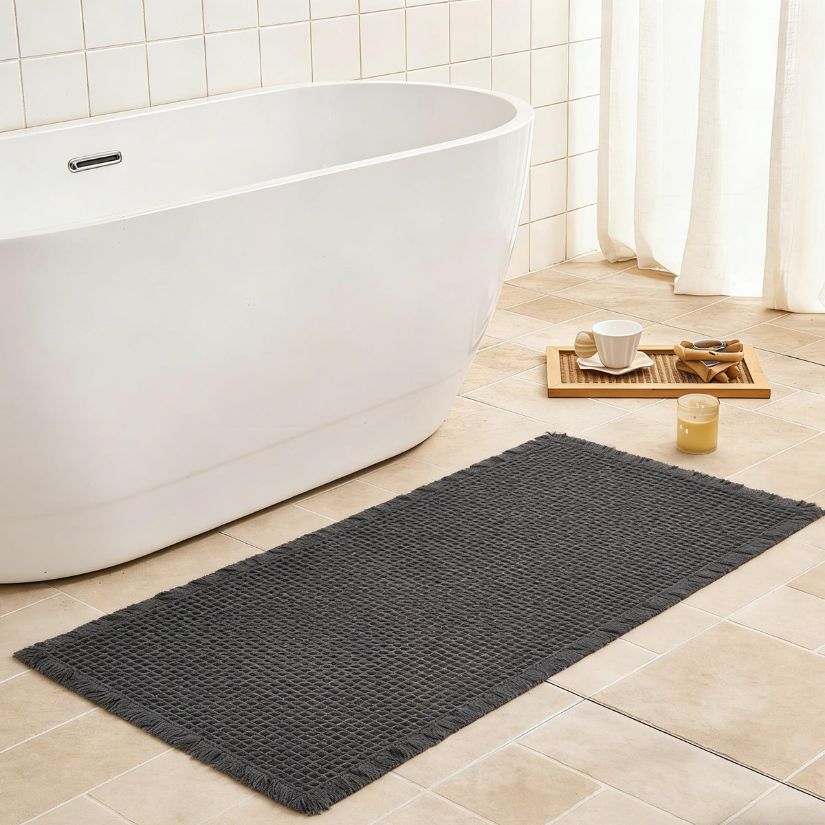 Waffle Bath Mat Non Slip, Boho Bathroom Rug, White/Taupe, 16"x24"